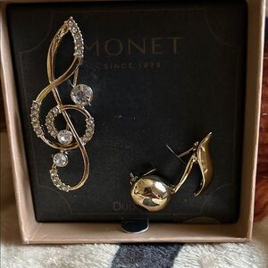 Monet Gold Treble Clef and Note Pin Set with Clear Rhinestones